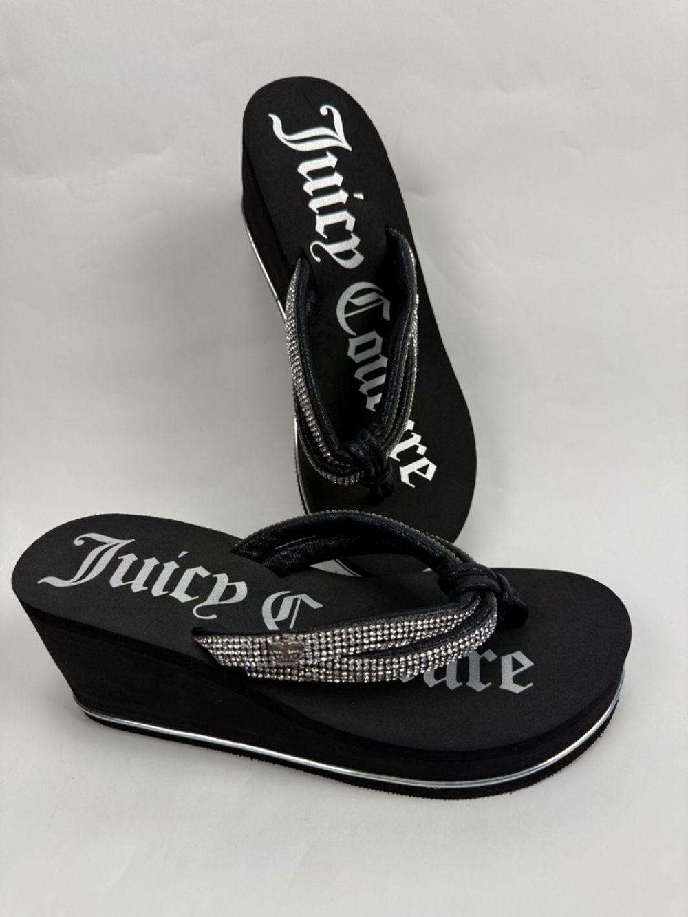 Juicy Couture Black Wedge Pkatform Sandals with Silver Rhinestone Straps Size 6